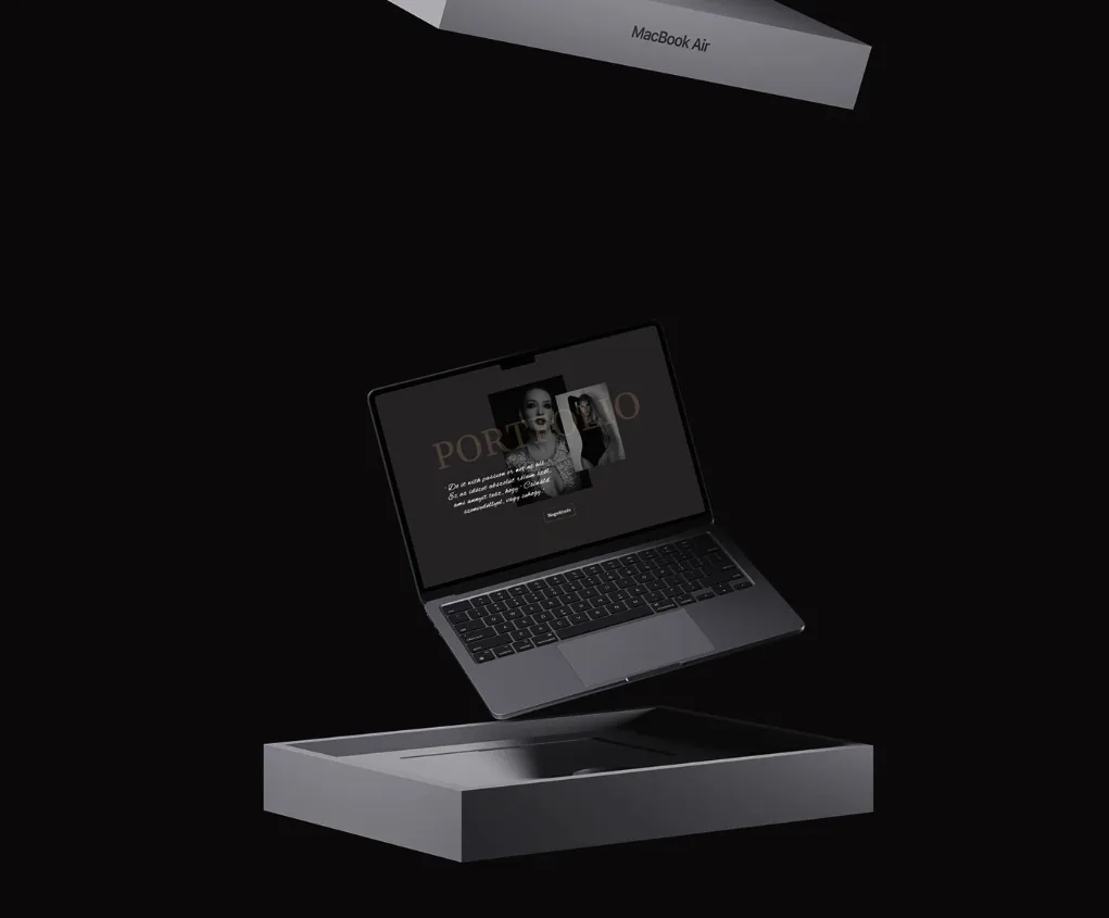 Sötét tónusú portfólió weboldal sablon laptop mockupon